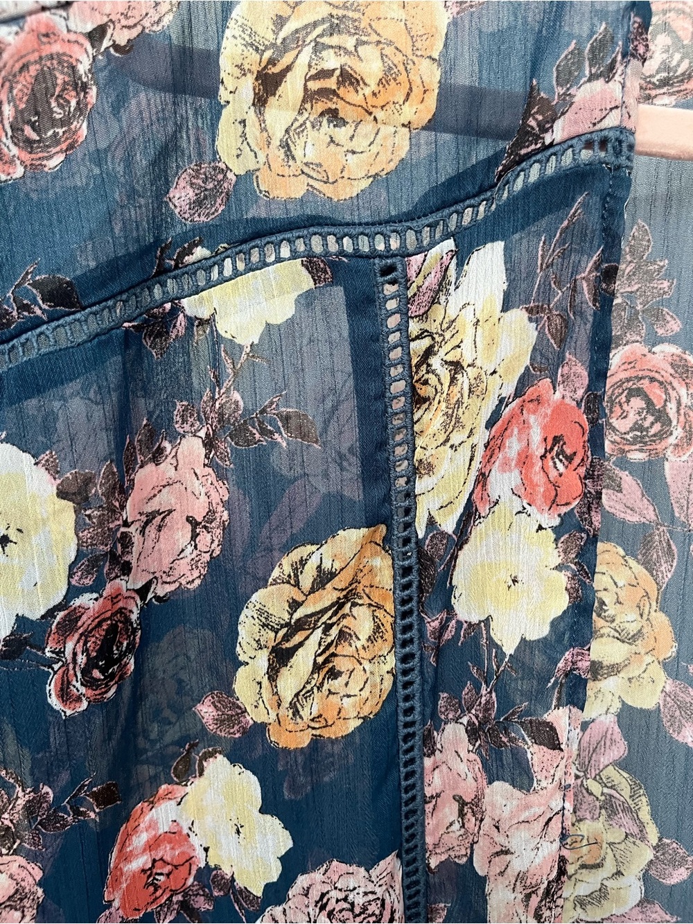 Floral Kimono Duster Blue Sheer Open Front Cover Band of Gypsies XS/S oversized - Picture 6 of 16